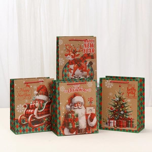 Christmas Kraft paper gift bags with reindeer and Santa prints and red handles