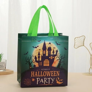 Halloween non-woven gift bag with spooky silhouette prints and neon green handles