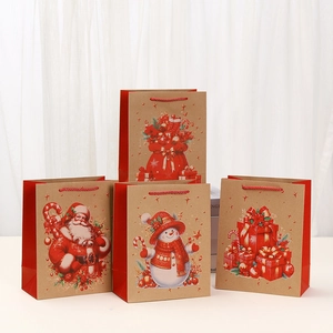 Christmas Kraft Paper Gift Bag Cartoon Santa Snowman Printed Holiday Packaging Bag With Red Handle Handheld Favor Bag For Party