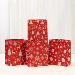 Christmas Kraft Paper Gift Bags With Handles Santa Claus Reindeer Snowflake Print Red Holiday Party Wrapping Handbags