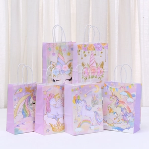 Unicorn Kraft Paper Gift Bags With Handles For Birthday Party Kids Girls Purple Pastel Dreamy Cartoon Goodie Treat Packaging
