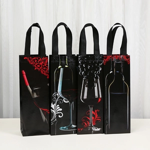 Black Non-Woven Wine Gift Bag Portable Wine Bottle Packaging Bag Artistic Wine Glass Printing Reusable Shopping Tote Bag