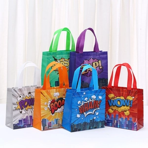Set of six colorful non-woven city hero gift bags with comic style graphics and bold text