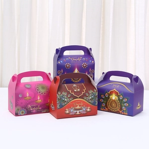 Colorful Diwali gift boxes with peacock and Diya patterns for festival treats
