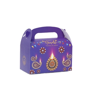Purple Diwali gift box with Happy Festival of Lights print and floral Diya patterns