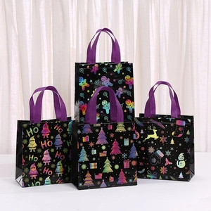 Holographic Christmas Non-Woven Gift Bags Santa Claus Gingerbread Man Pattern Printed Festive Party Shopping Tote Bag