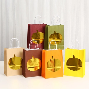 Thanksgiving Kraft Paper Gift Bags Gold Stamping Pumpkin Tote Handle Party Favor Bag Halloween Fall Harvest Shopping Tote