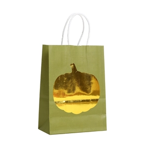 Dark green Halloween gift bag with a metallic gold pumpkin print and white rope handles