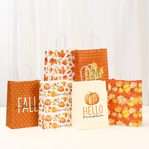 Thanksgiving Kraft Paper Gift Bags Maple Leaf Pumpkin Print Autumn Harvest Party Favor Bags With Handles For Gift Wrapping