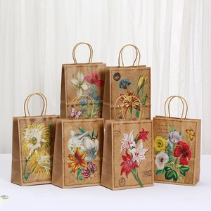 Vintage Kraft Paper Gift Bags With Handles Retro Floral Pattern Decorative Handbags For Wedding Party Favors Shopping Artistic Paper Totes