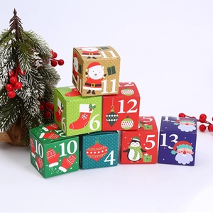 Christmas countdown gift box set featuring Santa and festive prints on square paper boxes