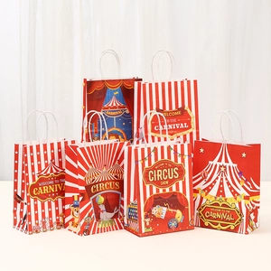Circus Theme Kraft Paper Gift Bags Carnival Red White Stripes Cartoon Animals Pattern Handbag For Birthday Party Favor
