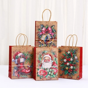 Retro Christmas Kraft Paper Gift Bag Cartoon Santa Claus Bell Printed Holiday Handbag Party Candy Packaging Handle Bag