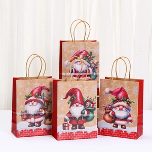 Christmas Cartoon Print Kraft Paper Gift Bags With Handles Santa Claus Gnome Holiday Wrapping Bags For Party Packing