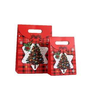 Christmas red plaid gift bag set with star window and 3D bowknot decoration