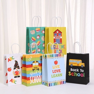 Back To School Kraft Paper Gift Bags With Handles Cartoon Printed School Bus Gnome Pattern Party Favor Bags Packaging