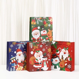 Christmas Cartoon Paper Gift Bags With Handles Santa Snowman Reindeer Printed White Cardboard Festive Party Favor Bag