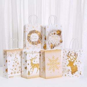 White Gold Christmas Kraft Paper Gift Bag With Handle Gold Reindeer Snowflake Star Tree Pattern Holiday Party Favor Bags