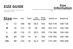 Size guide for men's casual wool trousers showing measurements from S to 2XL sizes