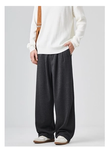 Detail shot of men's charcoal grey wide-leg trousers with premium drape fabric