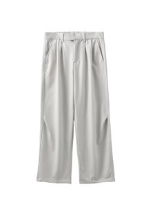 Men's loose straight casual trousers in light gray wool-like drape fabric with pleats