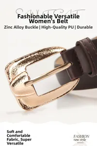 Detailed close-up of dark brown PU leather belt with hammered golden zinc alloy buckle