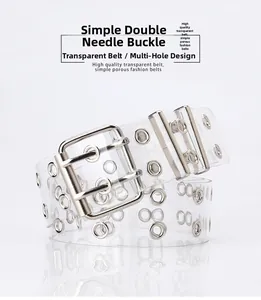 Detailed close-up of transparent PVC belt featuring double-prong silver buckle and metal eyelets