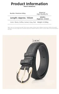 Detail view of crocodile textured black PU leather belt with golden alloy buckle and specs