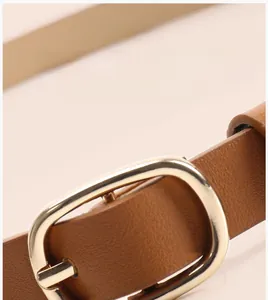 Macro close-up of light gold alloy oval buckle on a brown lychee pattern leather belt