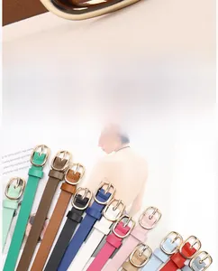 Detailed shot of multi-color PU leather belts featuring minimalist golden metal buckles
