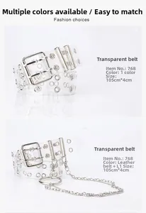 Detail view of transparent PVC belt with double metal eyelets, chain, and ring buckle