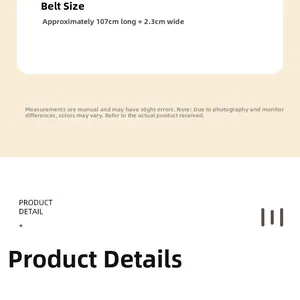 Detailed size specifications for women's PU belt measuring 107cm long and 2.3cm wide