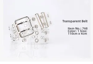 Detail of transparent PVC punk belt with double silver eyelets and twin-prong buckle 110x4cm