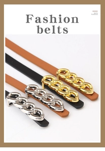 Close-up of fashion belts featuring black and brown leather with chunky chain buckles