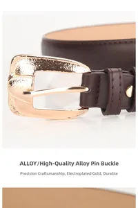 Detailed close-up of dark brown PU leather belt with hammered gold alloy buckle and stitching