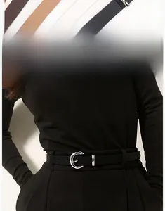 Three colors of slim leather belts for women with silver horseshoe buckle detail