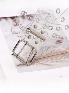 Detail view of clear PVC belt featuring double silver metal buckles and eyelet accents