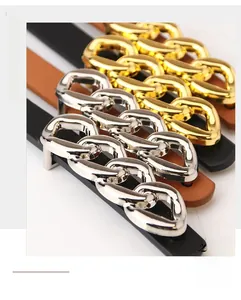 Macro shot of stylish gold and silver chain link belt with black and brown leather straps