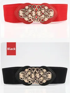 Détails de larges ceintures élastiques avec boucles à fleurs dorées vintage en noir et rouge