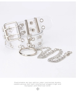 Detail of transparent PVC belt with double silver metal eyelets and decorative chain