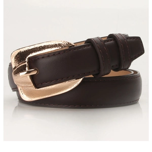 Detailed close-up of dark brown PU leather belt with polished gold alloy buckle and stitching