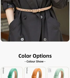 Detail view of slim women's leather belts with golden buckles in four elegant colors