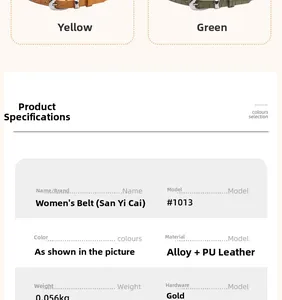 Detail view of stylish yellow and green PU leather belts with gold alloy hardware