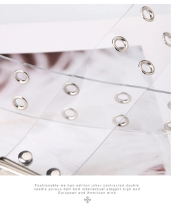 Close-up of transparent PVC belt featuring double-row silver metal eyelets and rings