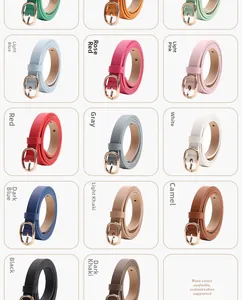 Detail view of thin women's belts in 14 colors with lychee texture and gold buckles