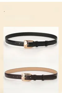 Detail of slim PU leather belts with textured gold alloy buckles in black and coffee