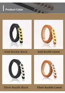 Detail view showing four color combinations of thin minimalist belts with 8-shaped buckles