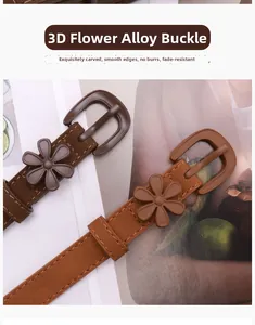 Detail of elegant waist belts with 3D flower alloy buckles and fine stitched edges