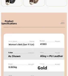 Detailed size specifications for women's PU leather belt with square gold alloy buckle