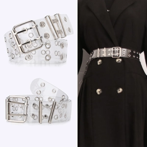 Punk Transparent PVC Women Belt Double Row Metal Grommets Clear Waist Strap Detachable Chain Round Ring For Cargo Pants Y2K Fashion Accessory